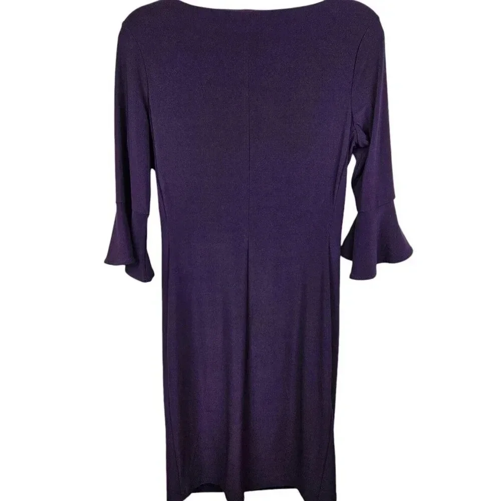 Anne Klein Purple Rouched 3/4 Bell‎ Sleeve Cocktail Evening Dress Size Medium